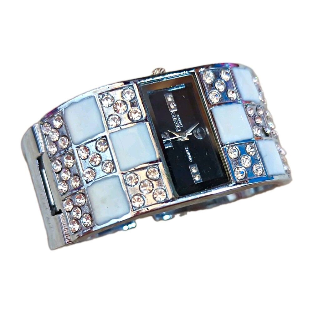 Silver-tone Figaro Couture Cuff Watch Checkerboard Crystal
